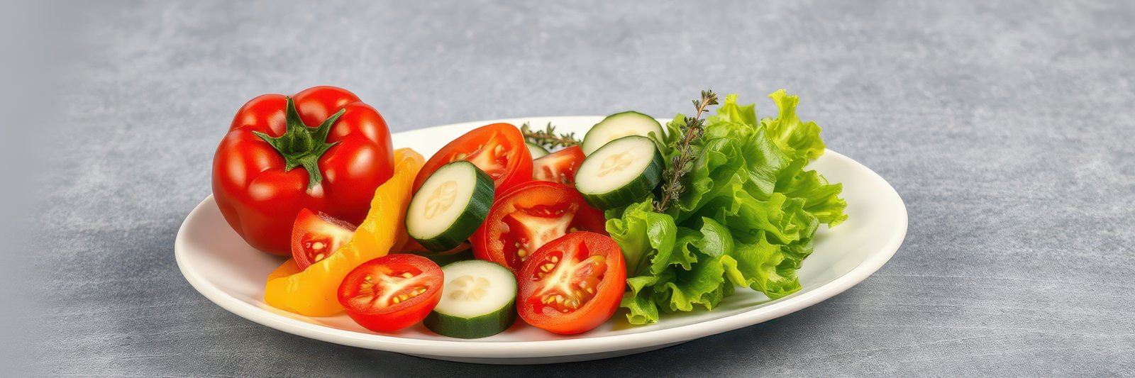 Fresh vegetables arranged beautifully on a white plate with grey background showcasing vibrant colors and textures